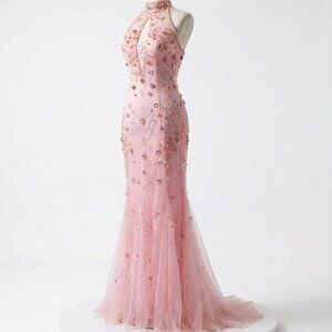 Luxurious Designer Couture Prom Party Runway Evening Cocktail Halter Gown Dress